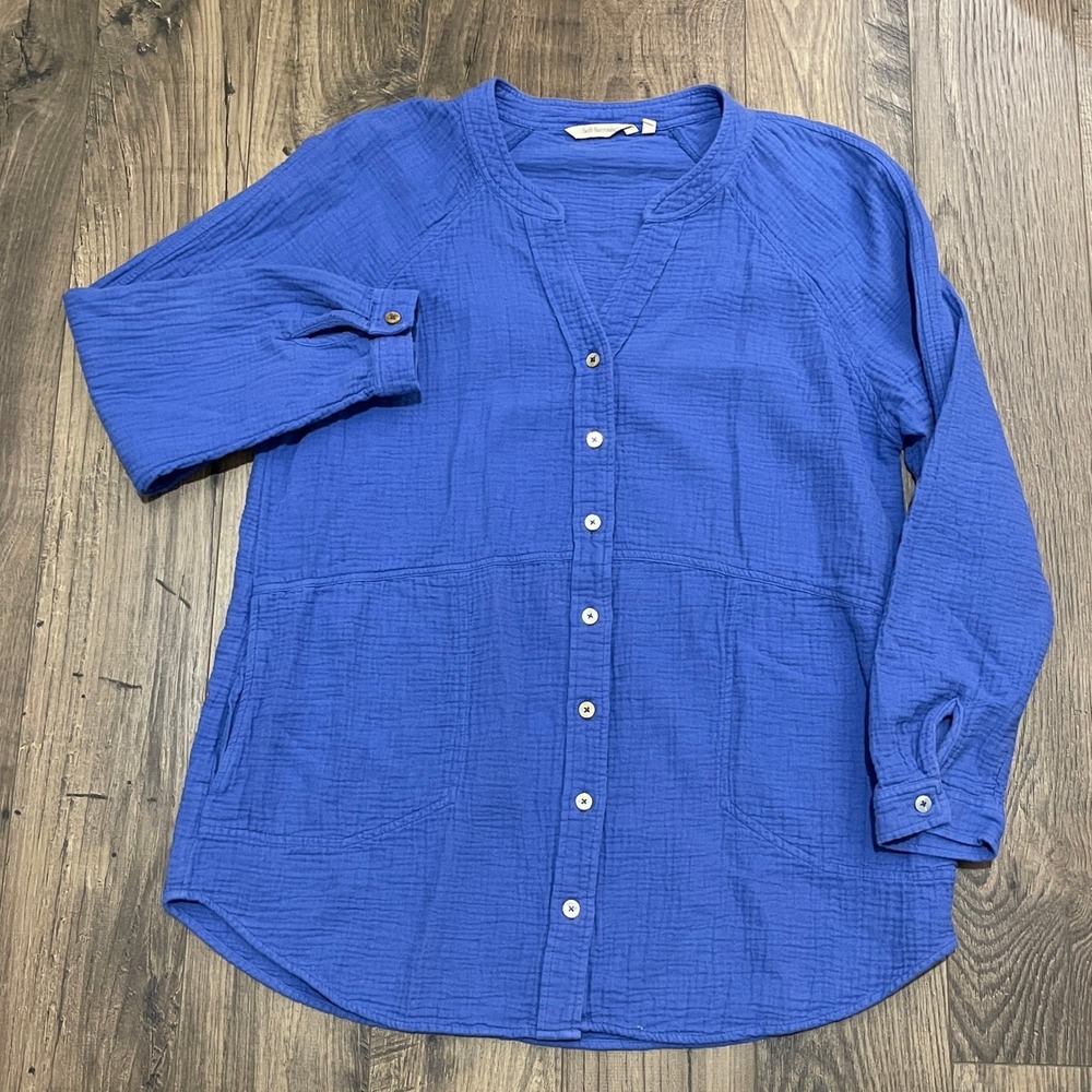 Soft Surroundings Blue Cotton Gauze Button Down Tunic Pockets Size M 2FV39
